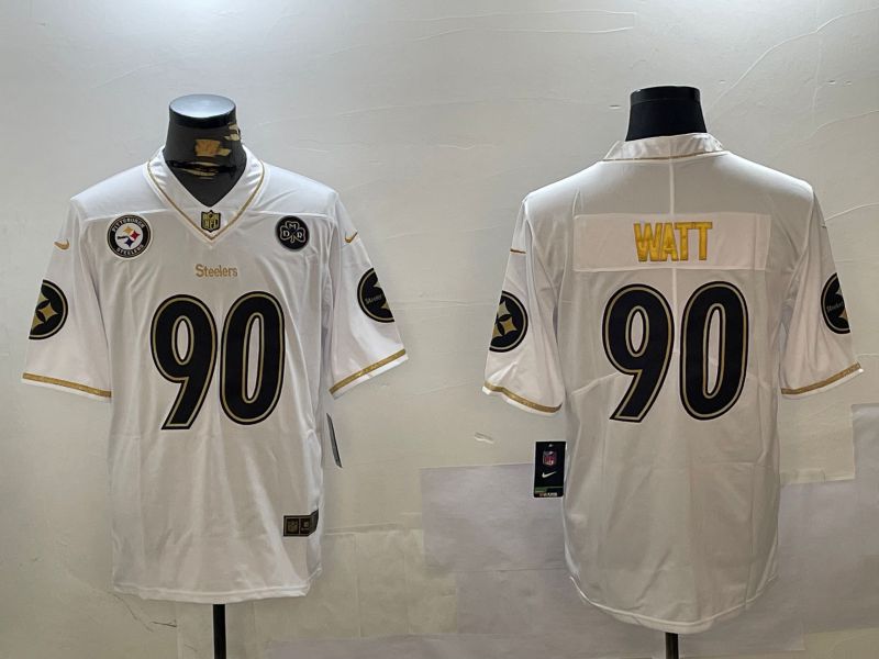 Men Pittsburgh Steelers #90 Watt White Gold 2024 Nike Limited NFL Jersey style 1230